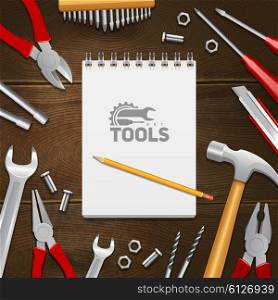 Carpenter Construction Tools Flat Composition Background. Carpentry construction repair instruments tools with notebook composition on dark wood background realistic background design vector illustration