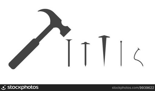 Carpenter hammer and several different types of nails. Bent nail. Vector silhouette illustration.. Carpenter hammer and several different types of nails. Vector silhouette illustration