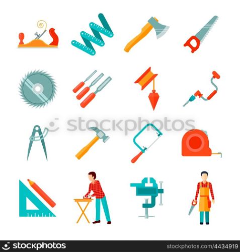 Carpenter Icon Flat Set. Set of different carpenter tools isolated flat icons vector illustration