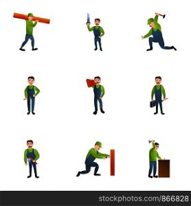 Carpenter icon set. Cartoon set of 9 carpenter vector icons for web design isolated on white background. Carpenter icon set, cartoon style