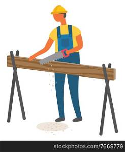 Carpenter man with hand saw vector, isolated character builder man. Male wearing special protective helmet, carpentry and construction, repairing fixing. Man Working on Construction New Item Carpenter