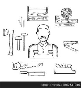 Carpenter profession sketch icons with moustached man, timber and carpentry tools including hammers, axe, nails, wooden toolbox, handsaw, hacksaw, folding rule, jack plane. Carpenter with timber and tools sketch icons