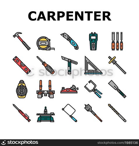Carpenter Tool And Accessory Icons Set Vector. Carpenter Pencil And Chisel, Saw And Hammer, Sliding Bevel And Tape Meter Measuring Equipment Line. Carpenting Instrument Color Illustrations. Carpenter Tool And Accessory Icons Set Vector