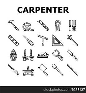 Carpenter Tool And Accessory Icons Set Vector. Carpenter Pencil And Chisel, Saw And Hammer, Sliding Bevel And Tape Meter Measuring Equipment. Carpenting Instrument Black Contour Illustrations. Carpenter Tool And Accessory Icons Set Vector