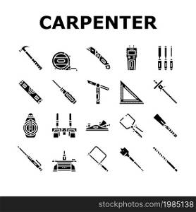Carpenter Tool And Accessory Icons Set Vector. Carpenter Pencil And Chisel, Saw And Hammer, Sliding Bevel And Tape Meter Measuring Equipment. Carpenting Instrument Glyph Pictograms Black Illustrations. Carpenter Tool And Accessory Icons Set Vector