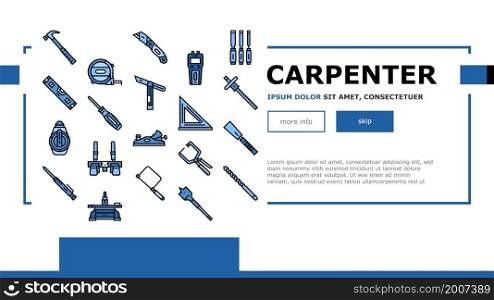 Carpenter Tool And Accessory Landing Web Page Header Banner Template Vector. Carpenter Pencil And Chisel, Saw Hammer, Sliding Bevel Tape Meter Measuring Equipment. Carpenting Instrument Illustration. Carpenter Tool And Accessory Landing Header Vector