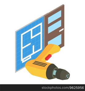 Carpenter tool icon isometric vector. Electric drill and new entrance door icon. Repair and construction work. Carpenter tool icon isometric vector. Electric drill and new entrance door icon