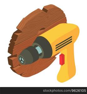 Carpenter tool icon isometric vector. Electric drill and old wooden board icon. Repair and construction work. Carpenter tool icon isometric vector. Electric drill and old wooden board icon