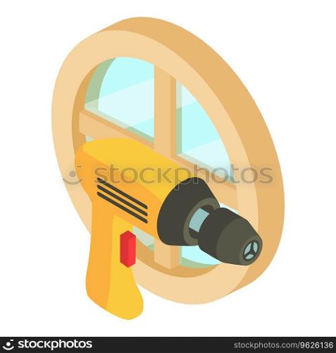 Carpenter tool icon isometric vector. Modern cordless drill and round window. Repair and construction work. Carpenter tool icon isometric vector. Modern cordless drill and round window