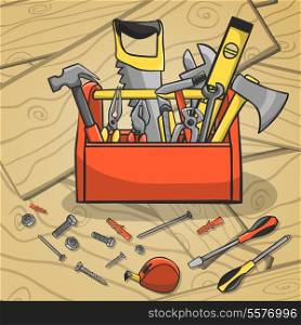 Carpenter toolbox with screwdriver hammer handsaw wrench and scattered instruments on a wooden background vector illustration