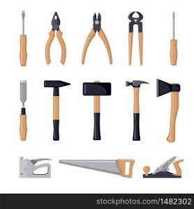 Carpenter tools icon set in flat style isolated on white background. Vector illustration.. Carpenter tools vector icon set in flat style isolated on white background.