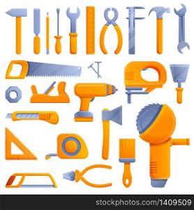 Carpenter tools icons set. Cartoon set of carpenter tools vector icons for web design. Carpenter tools icons set, cartoon style