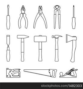 Carpenter tools vector icon set in line art style isolated on white background. Vector illustration.. Carpenter tools vector icon set in line art style isolated on white background.