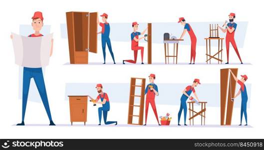 Carpenter workers. Handyman characters installing modern wooden furniture making wardrobes tables and chairs craft team exact vector cartoon illustration. Handyman and carpenter. Carpenter workers. Handyman characters installing modern wooden furniture making wardrobes tables and chairs craft team exact vector cartoon illustra