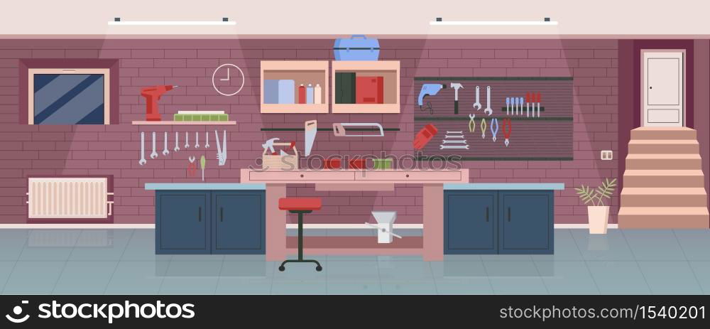 Carpenter workshop flat color vector illustration. Woodworking office, garage 2D cartoon interior design with work tools on background. Professional handyman workplace, carpentry studio decor. Carpenter workshop flat color vector illustration