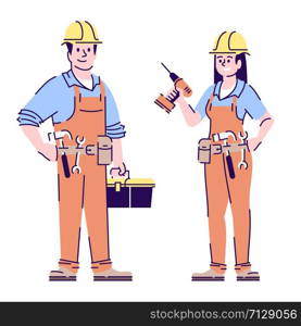 Carpenters flat vector characters. Repairman, female construction workers, handyman with tools cartoon illustration isolated on white. Home maintenance, and repair service workers couple with outline