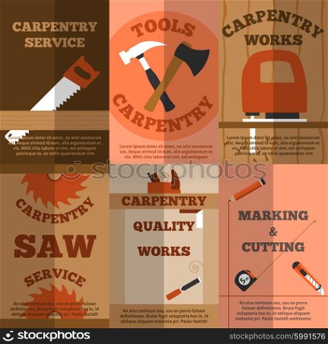 Carpentry 6 flat banners poster. Carpentry marking and cutting works service 6 flat banners composition poster with sawmill abstract vector isolated illustration