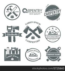 Carpentry black label set with work tools carpenter fix kit toolbox isolated vector illustration