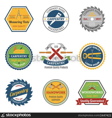 Carpentry high quality measuring tools woodworks handwork color emblems set isolated vector illustration