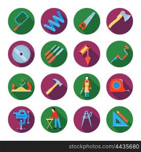 Carpentry Icons Set. Construction working tools icons or stickers set of carpentry and Woodworking flat vector illustration