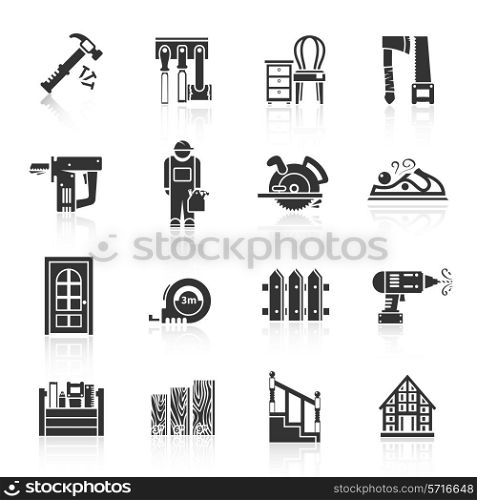 Carpentry industry equipment icons black set with hammer tools furniture saw isolated vector illustration
