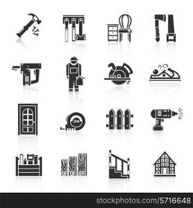 Carpentry industry equipment icons black set with hammer tools furniture saw isolated vector illustration