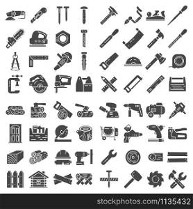 Carpentry industry equipment icons flat set on white background
