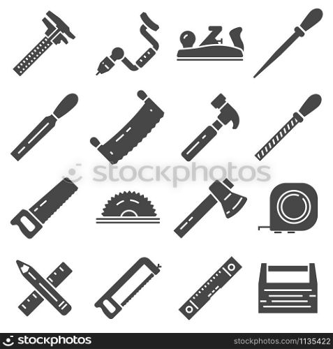 Carpentry industry equipment icons flat set with toolbox furniture vector illustration. Carpentry industry equipment icons flat set with toolbox furniture