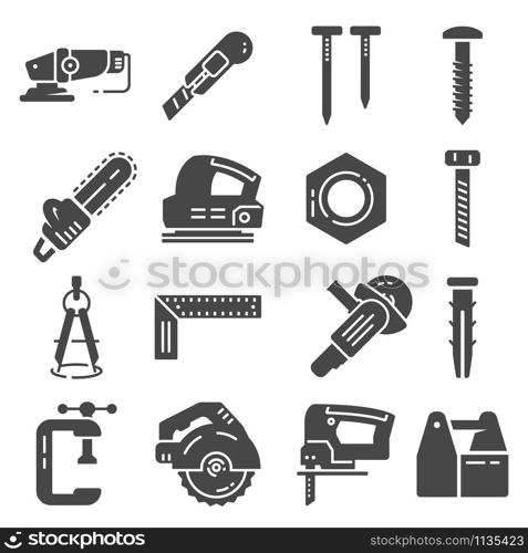 Carpentry industry equipment icons flat set with toolbox furniture vector illustration. Carpentry industry equipment icons flat set with toolbox furniture