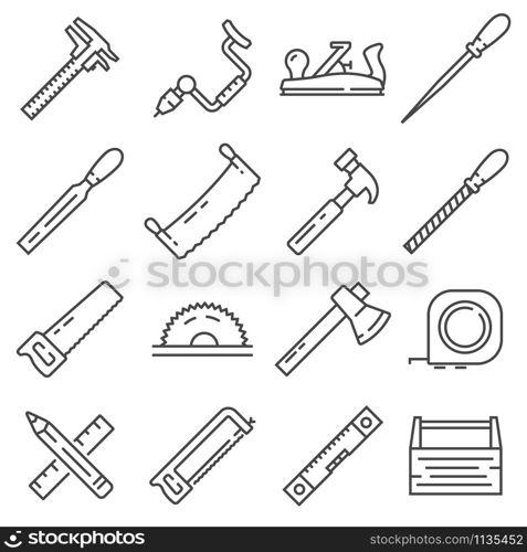 Carpentry industry equipment icons flat set with toolbox furniture vector illustration. Carpentry industry equipment icons flat set with toolbox furniture