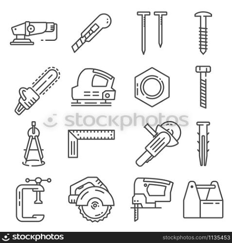 Carpentry industry equipment icons flat set with toolbox furniture vector illustration. Carpentry industry equipment icons flat set with toolbox furniture