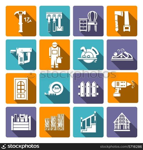 Carpentry industry tools service repair equipment icons flat set isolated vector illustration