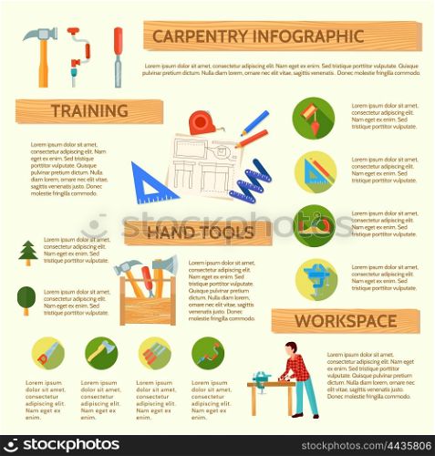 Carpentry Infographic Set. Carpentry infographic with description and application instructions for workshop tools and equipment vector illustration
