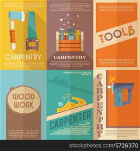 Carpentry mini poster flat set with wood work toolbox isolated vector illustration