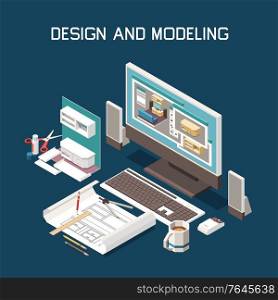Carpentry production design 3d computer modeling furniture building instructions technical drawing software isometric composition vector illustration
