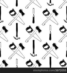 Carpentry seamless pattern with hammer, ax, saw. Background with carpentry instruments. Vector illustration. Carpentry seamless pattern with hammer, ax, saw