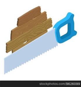 Carpentry tool icon isometric vector. Hand saw instrument and old wooden board. Woodworking, carpentry. Carpentry tool icon isometric vector. Hand saw instrument and old wooden board