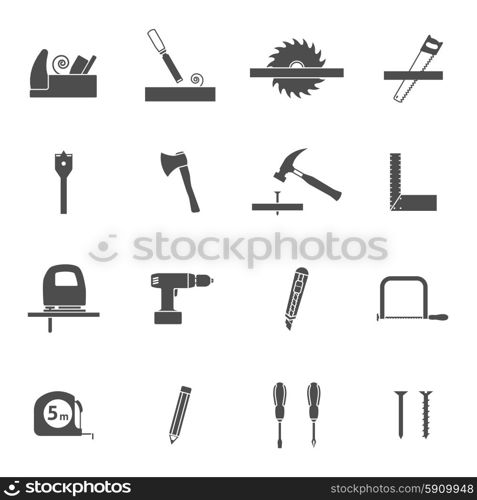 Carpentry tools black icons set . Carpentry tools for wooden house construction black icons set with handsaw and hammer abstract vector isolated illustration