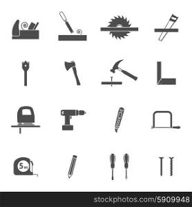 Carpentry tools black icons set . Carpentry tools for wooden house construction black icons set with handsaw and hammer abstract vector isolated illustration