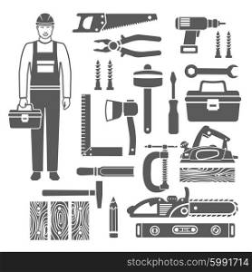 Carpentry Tools Black Silhouettes Icons Set. Black silhouettes icons set of sawing and carpentry tools and carpenter in overalls isolated vector illustration