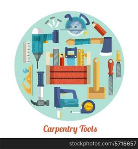 Carpentry tools equipment flat decorative icons set in circle shape vector illustration