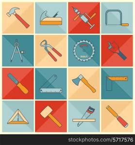 Carpentry wood work flat line icons tools and equipment with cutter level chisel isolated vector illustration.
