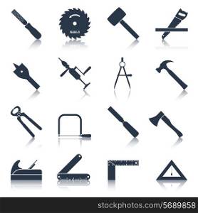 Carpentry wood work tools and equipment black icons set isolated vector illustration