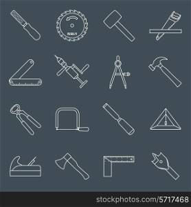 Carpentry wood work tools and equipment outline icons set with hammer saw pliers isolated vector illustration