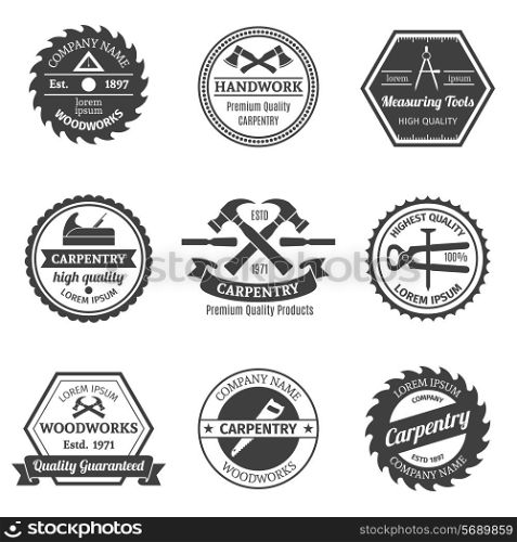 Carpentry woodworks handwork premium high quality measuring tools emblems set isolated vector illustration