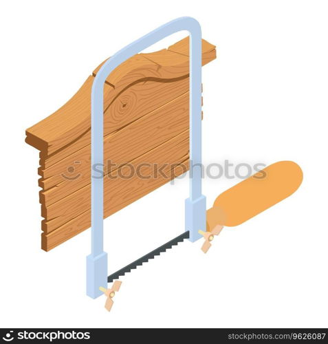 Carpentry work icon isometric vector. New coping saw and old wooden board icon. Workshop, carpentry. Carpentry work icon isometric vector. New coping saw and old wooden board icon