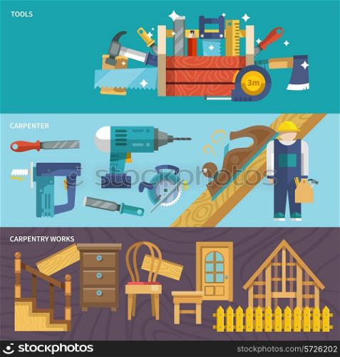 Carpentry works flat banners set with tools carpenter isolated vector illustration
