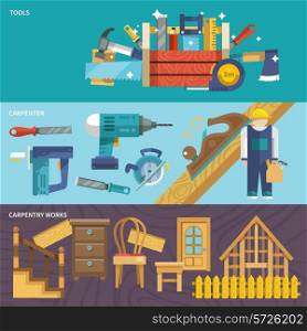 Carpentry works flat banners set with tools carpenter isolated vector illustration