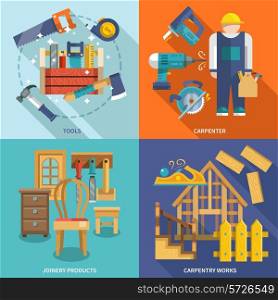 Carpentry works icons flat set with tools carpenter joinery products isolated vector illustration