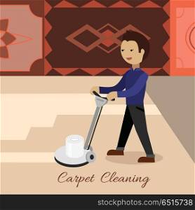 Carpet cleaning conceptual vector. Flat design. Male cleaner working with surface washing machine, carpets with ornaments on the wall. Illustration for cleaning companies and services advertising. Carpet Cleaning Vector Concept in Flat Design . Carpet Cleaning Vector Concept in Flat Design